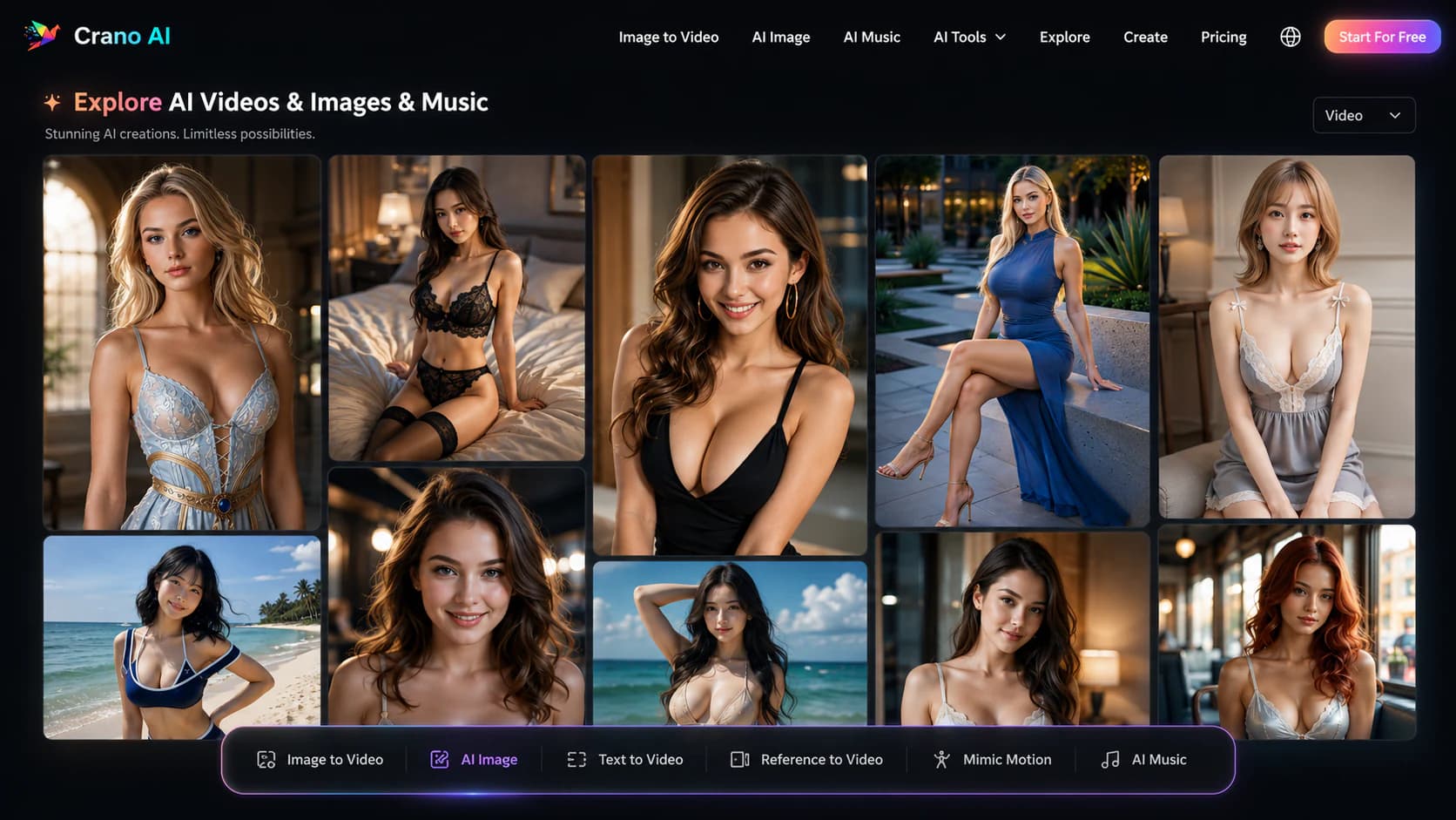 Crano AI Explore gallery showing generated images and its image, video, motion, and music creation tools