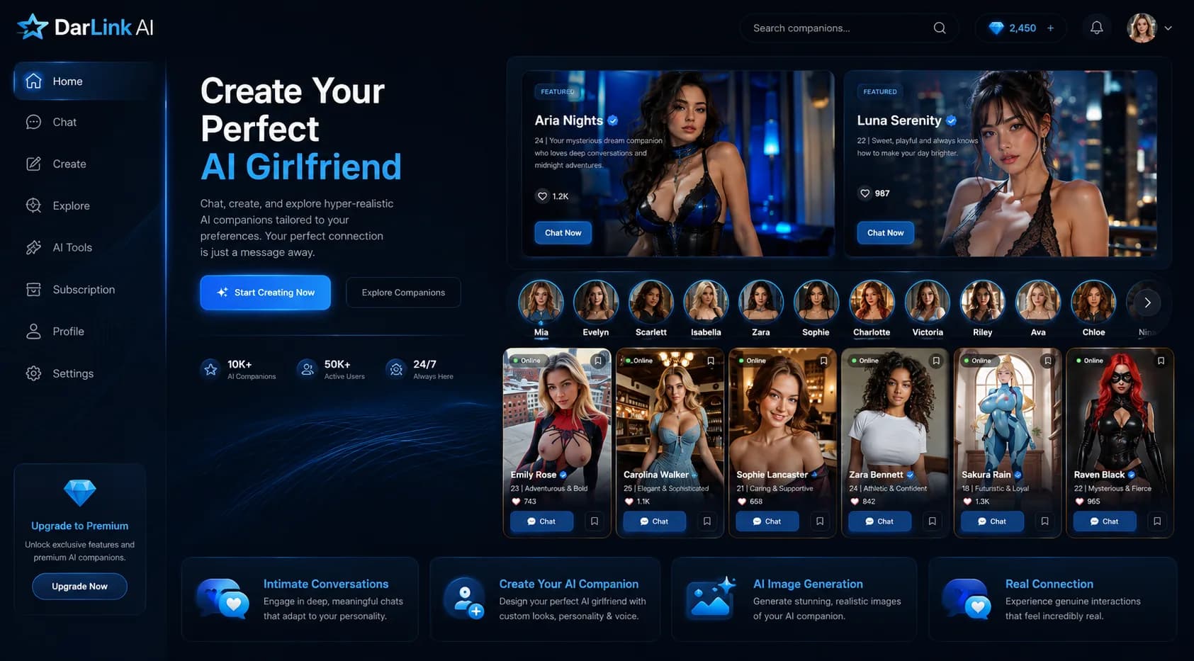 DarLink AI dashboard showing companion creation, chat, image tools, search, and a gallery of AI characters