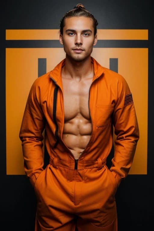 Male companion wearing an open orange jumpsuit against an orange and black background