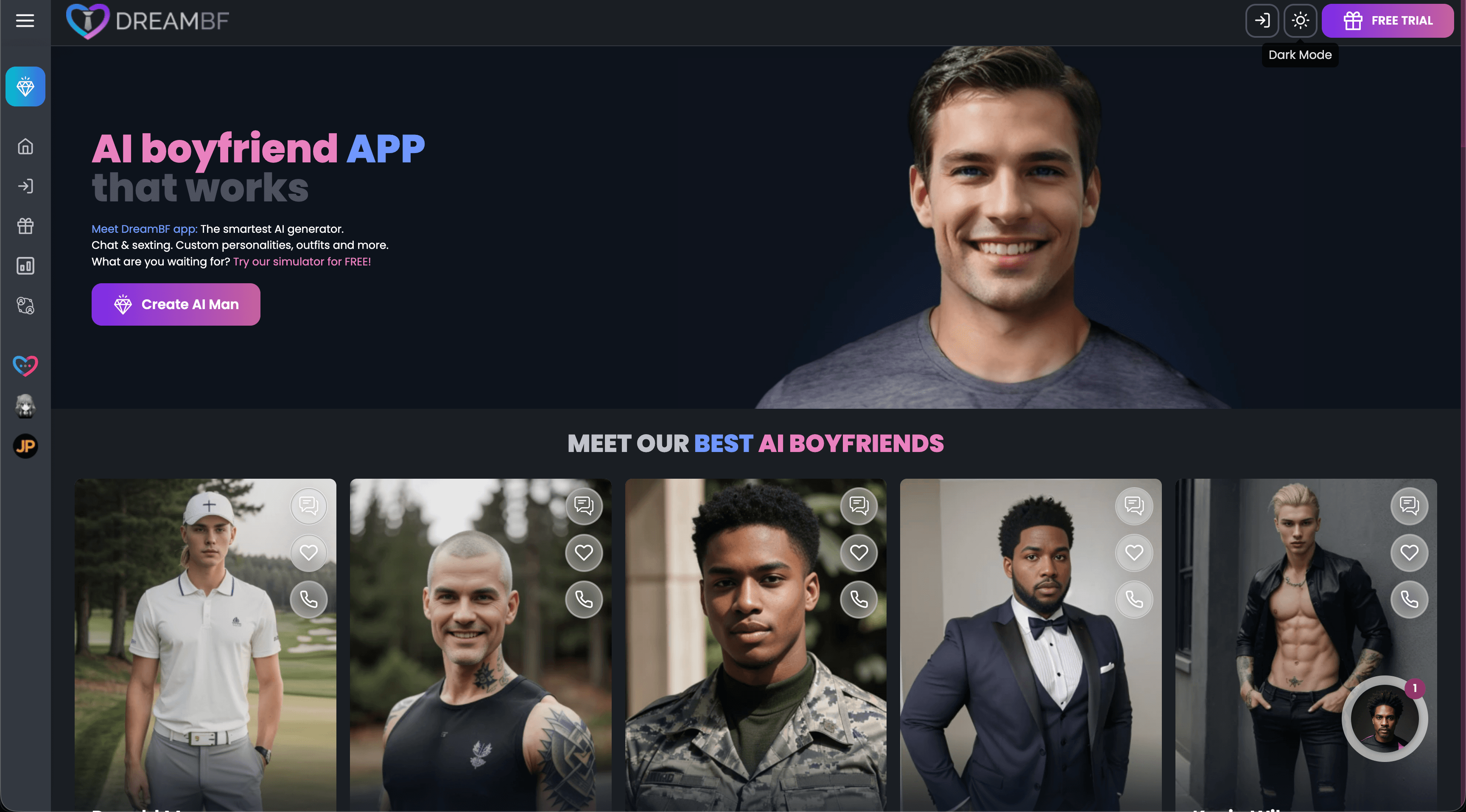 DreamBF homepage showing the AI boyfriend creator and male companion catalogue