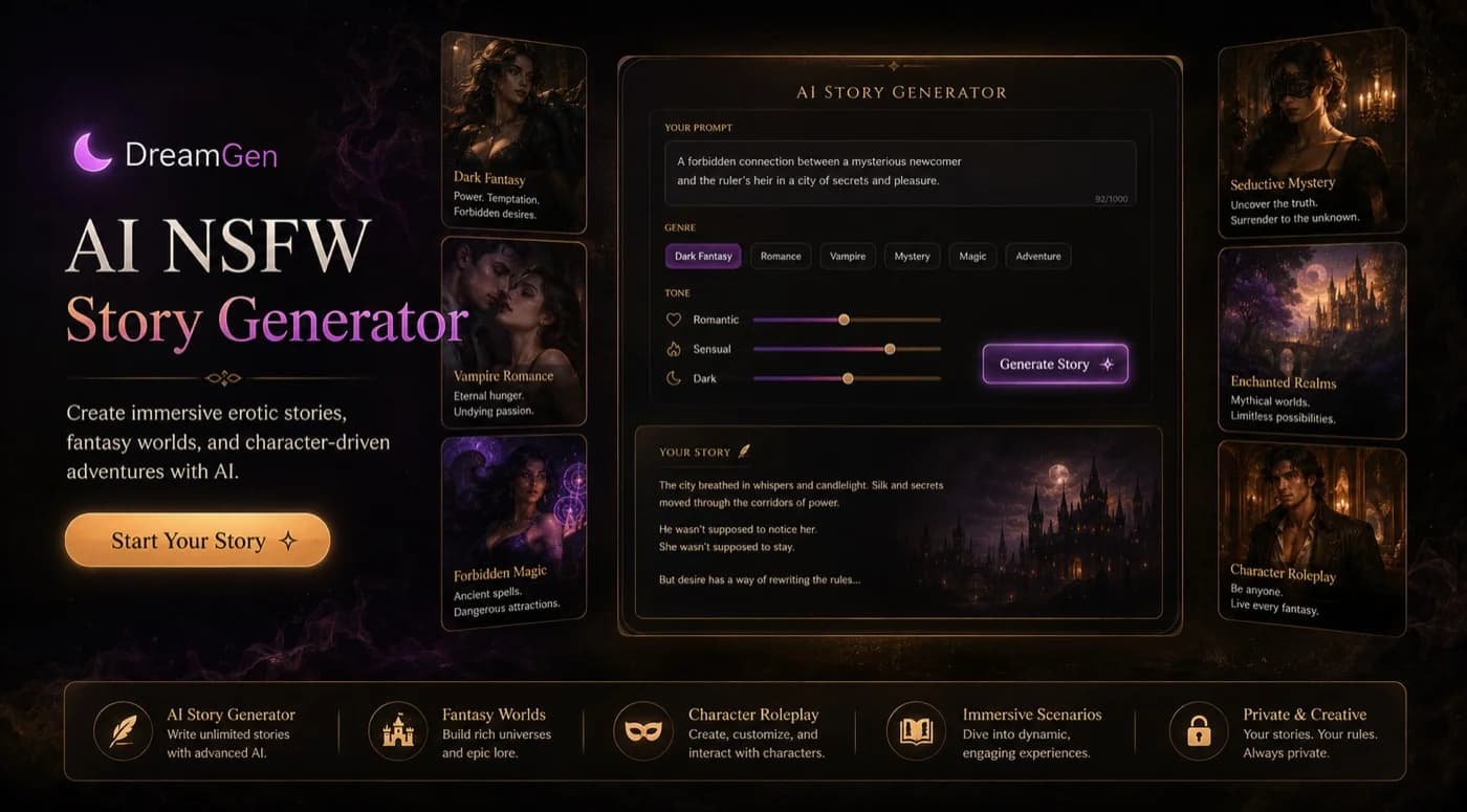 DreamGen story generator with genre presets and romantic, sensual and dark tone controls