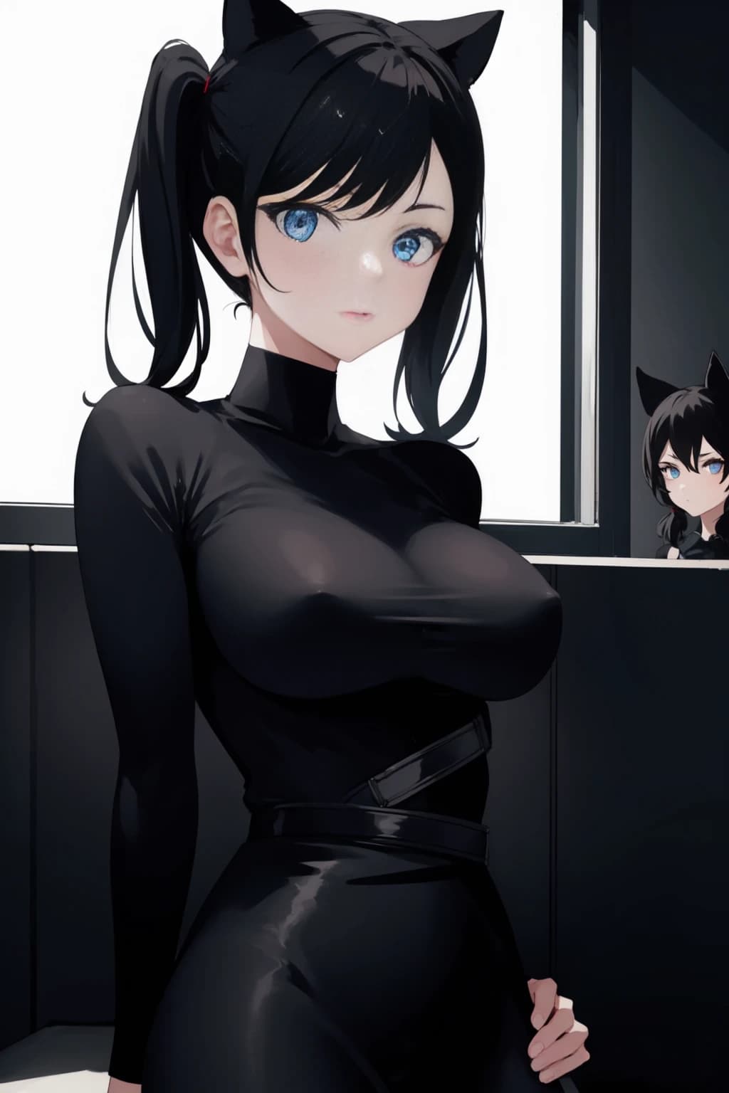 Blue-eyed anime catgirl with black twin-tail hair in eHentai.ai character artwork