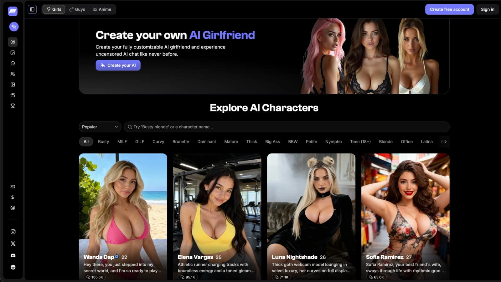 Fanfinity AI character catalogue and custom companion creation interface