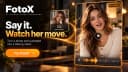 FotoX promotional artwork showing an adult beside a video panel
