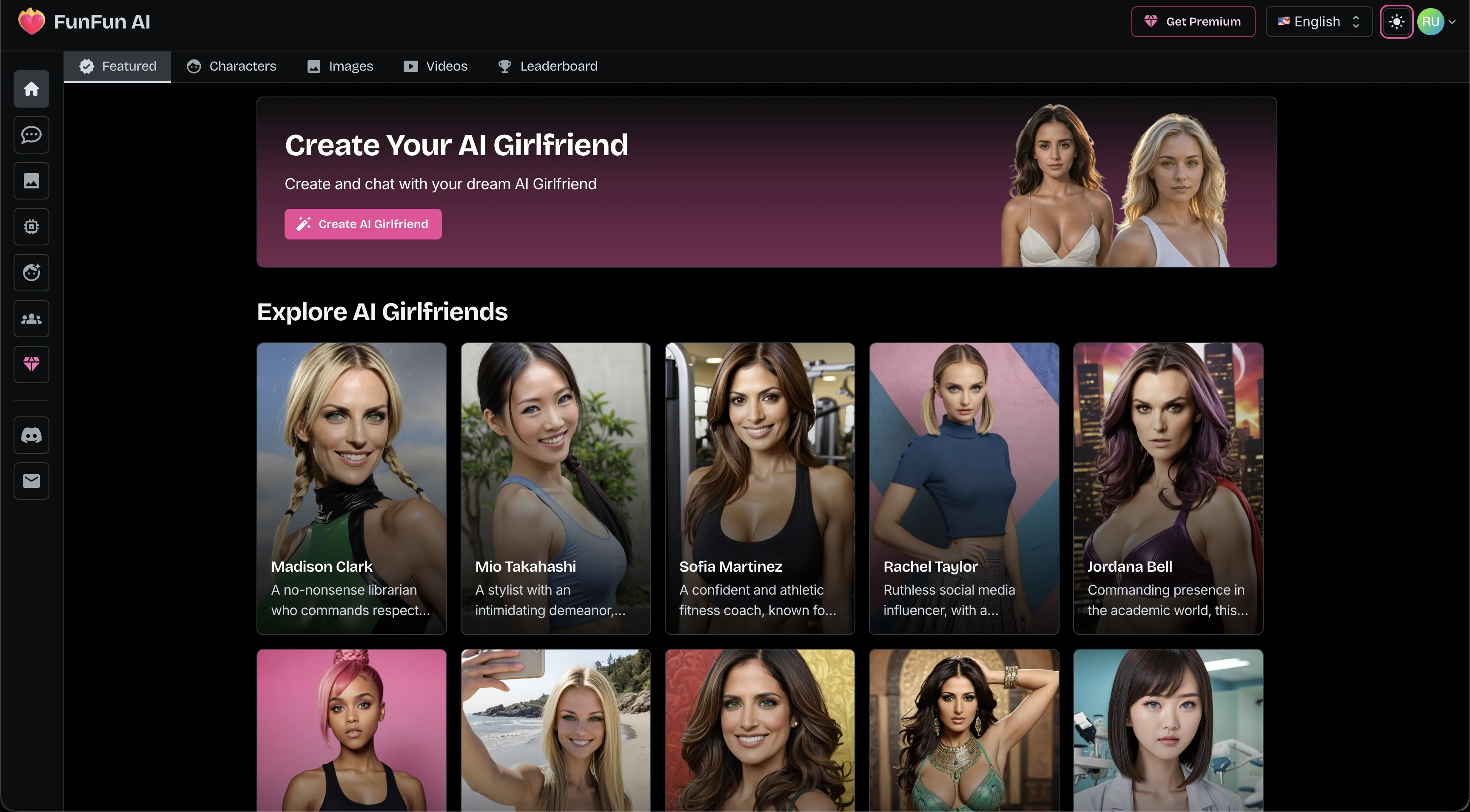 FunFun AI dashboard showing the realistic AI girlfriend catalog, creation banner, image area, video area, and navigation