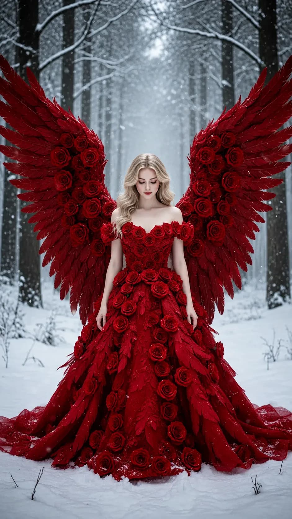 AI-generated fantasy portrait of a woman in a red rose gown with matching wings in a snowy forest, created with GenTube