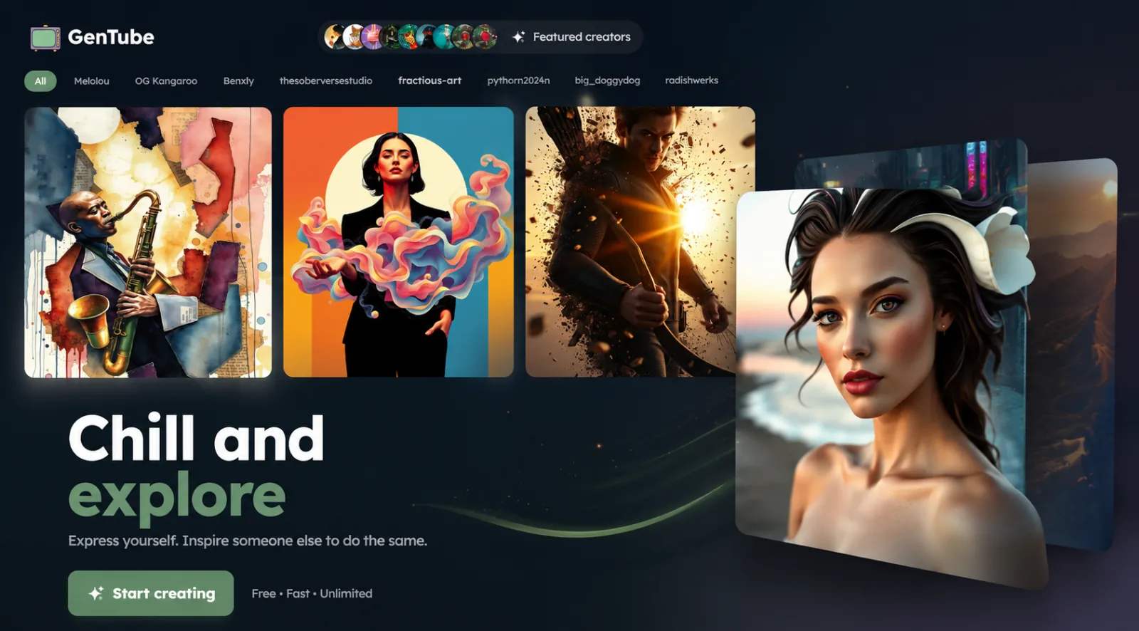 GenTube interface showing featured creators, community AI artwork, and the Start creating button