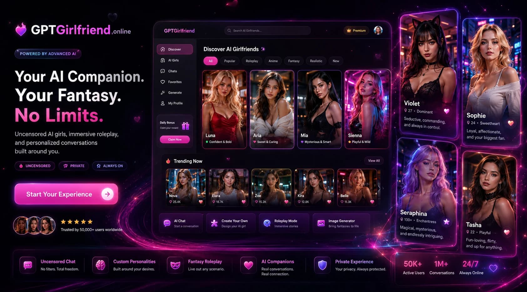 GPTGirlfriend Online promotional graphic showing Your AI Companion Your Fantasy messaging, character portraits, and a stylized discovery interface