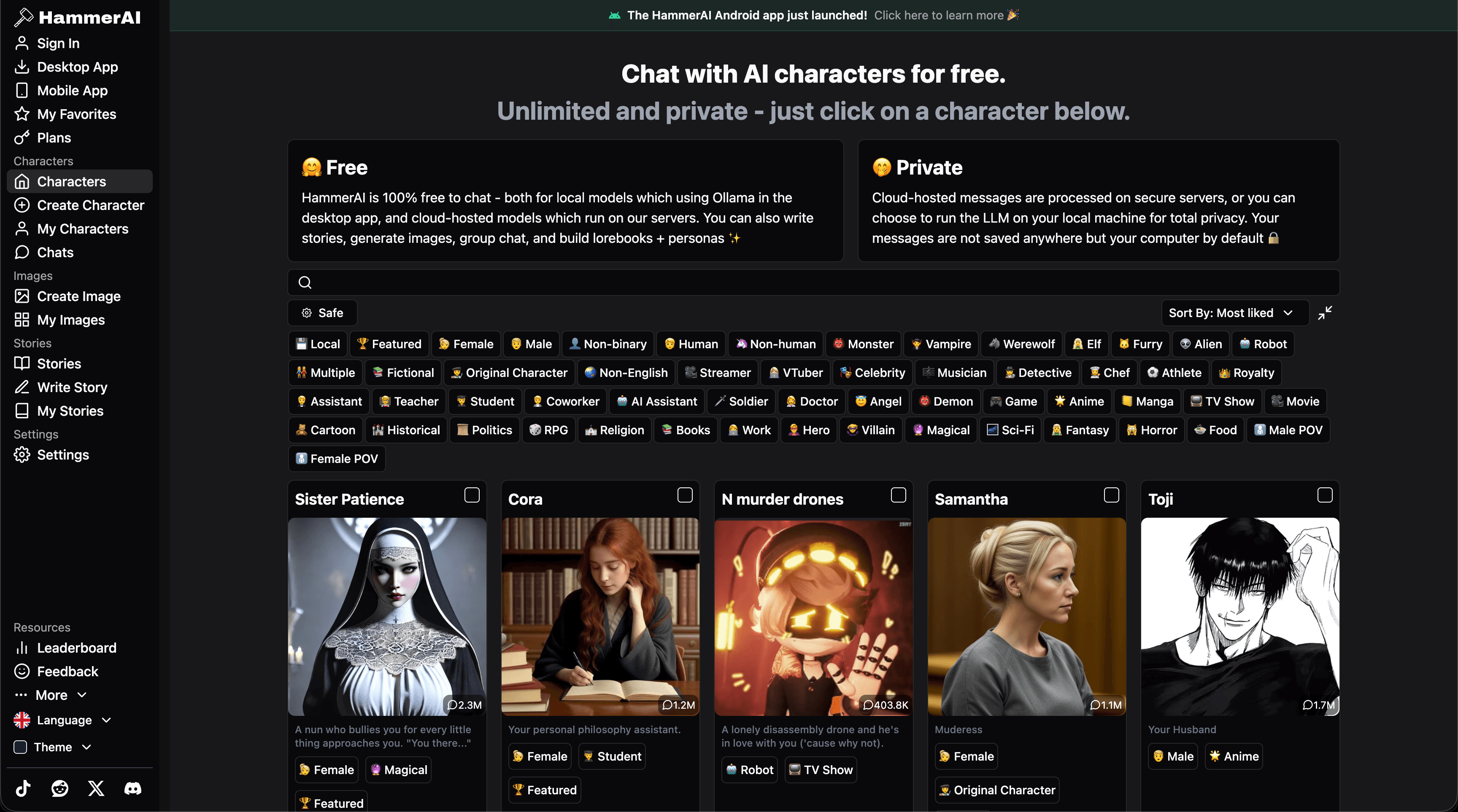 HammerAI character chat interface with local model, lorebook, and roleplay controls