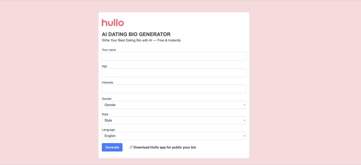 Captura de tela do Hullo AI Bio Generator