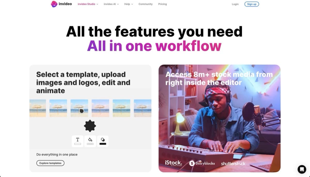Interface de geração e edição de vídeo de marketing do InVideo AI