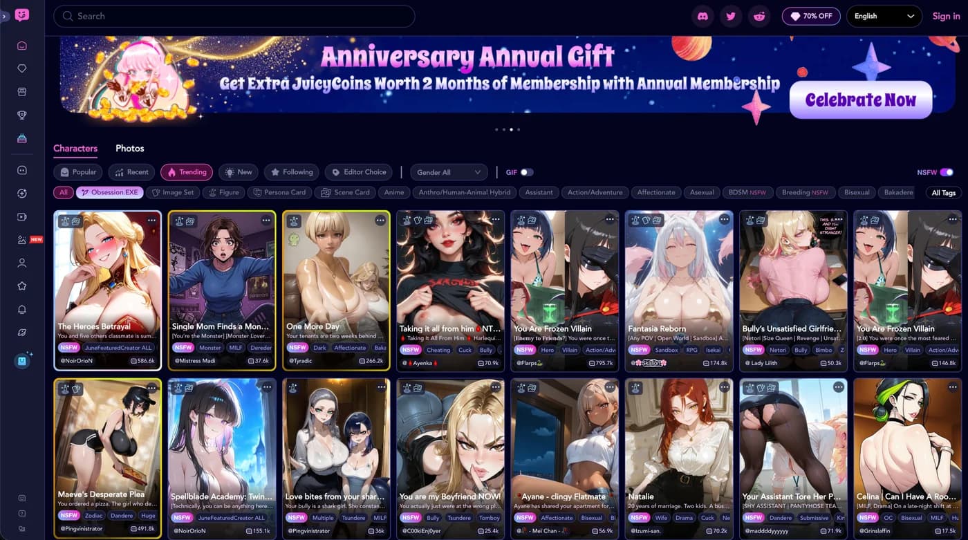 JuicyChat AI character browser with the NSFW filter on, anime and scenario tag rows, and creator view counts