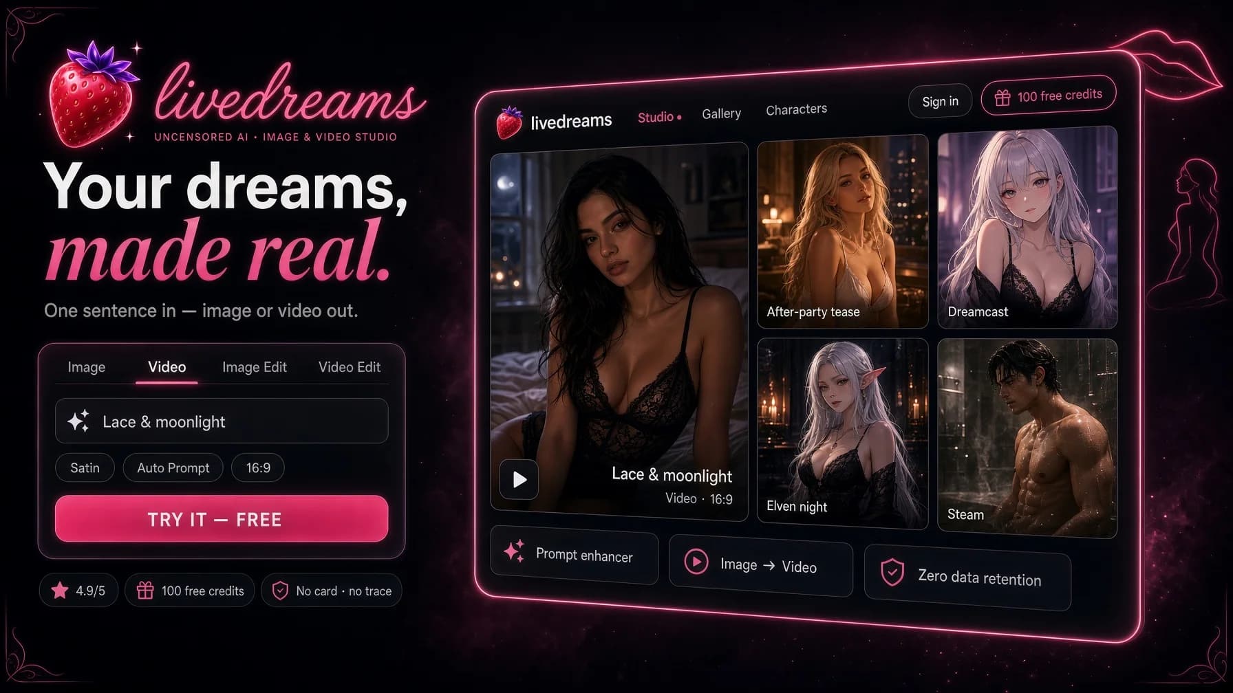 LiveDreams branded studio graphic showing image, video, editing and character areas