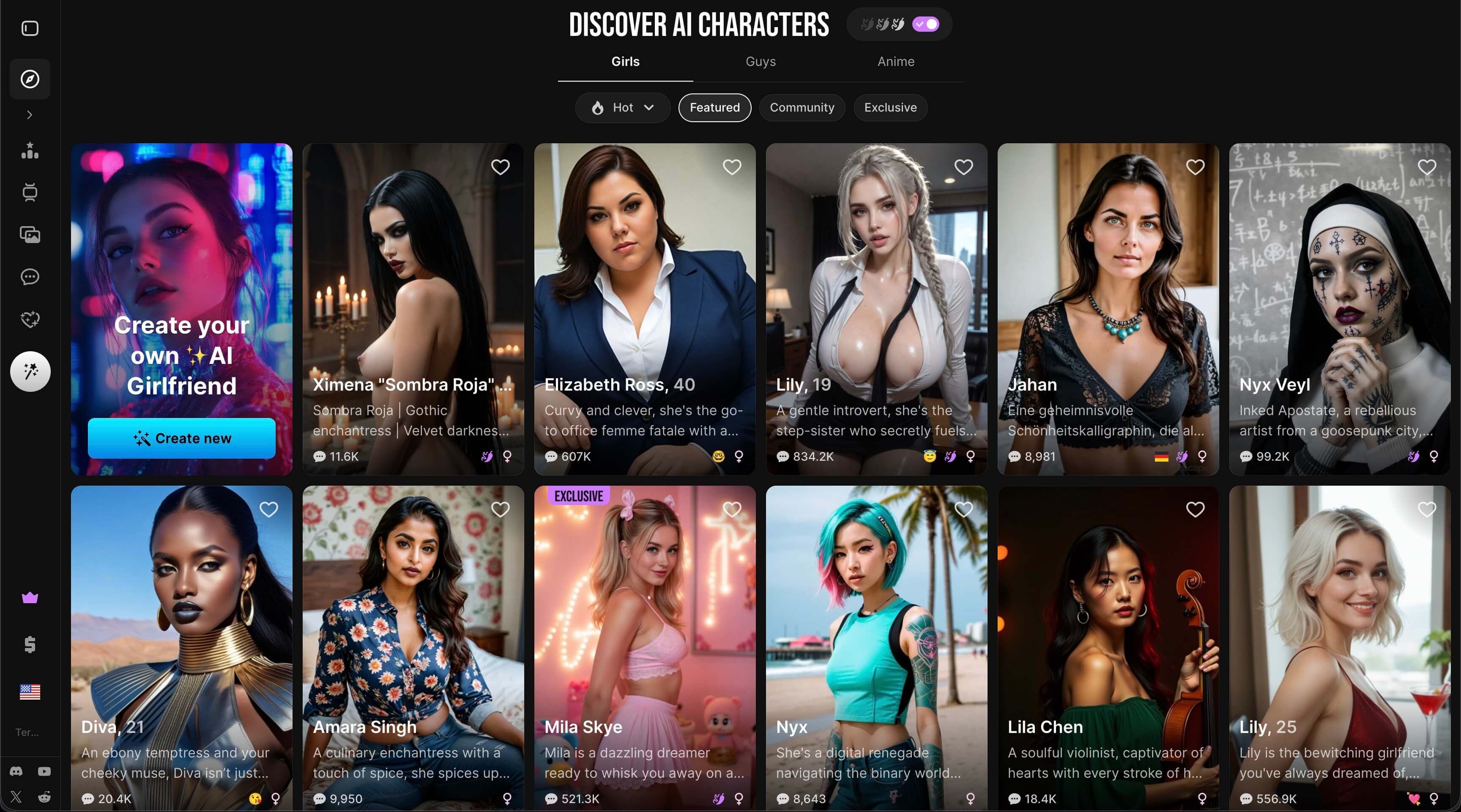 Lovescape character browser showing realistic and anime AI companion profiles