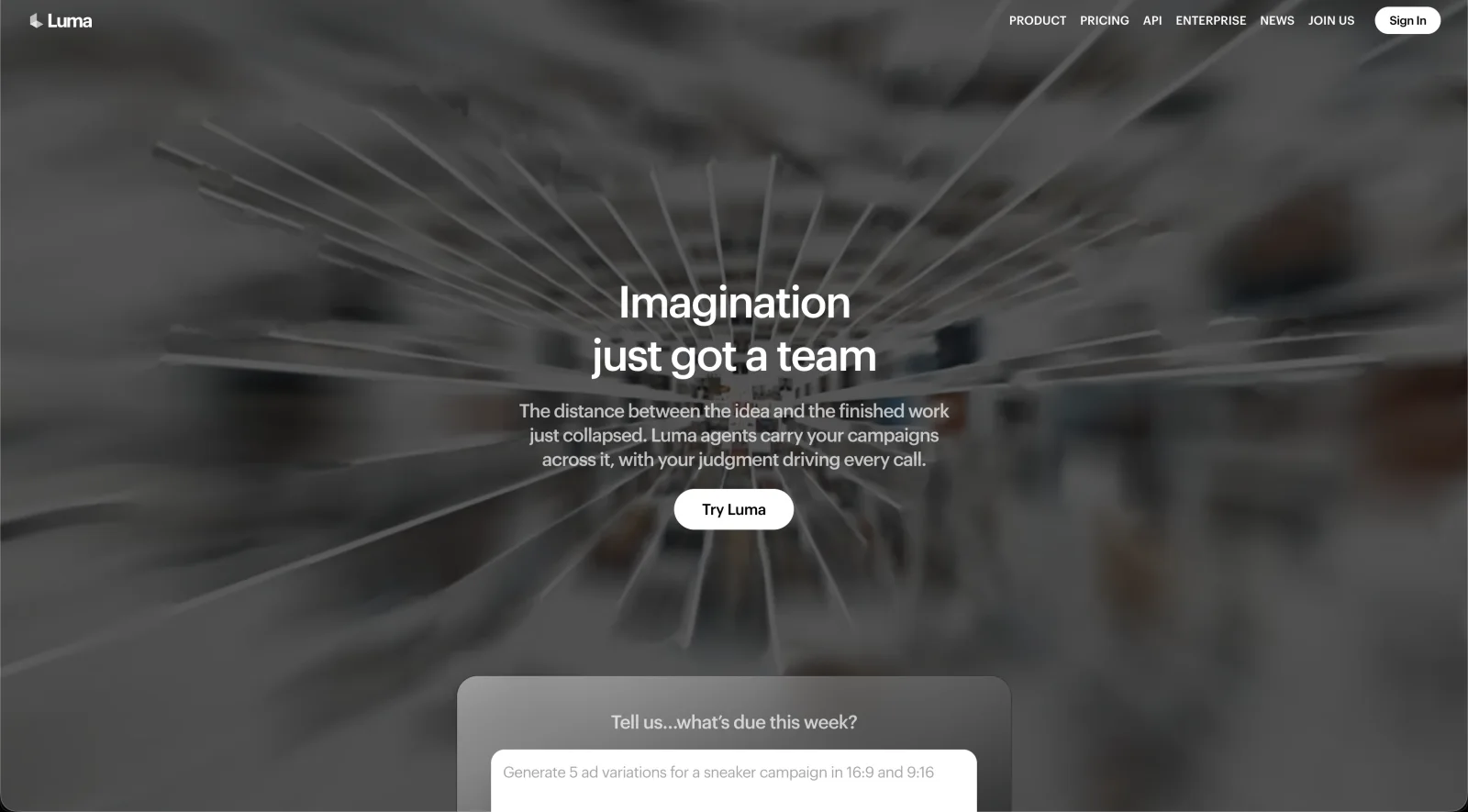 Página inicial da plataforma Dream Machine e agentes criativos da Luma AI