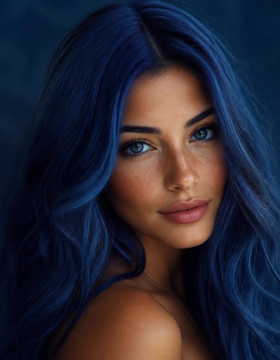 Close-up photorealistic portrait of a woman with long blue hair and blue eyes created with Mage