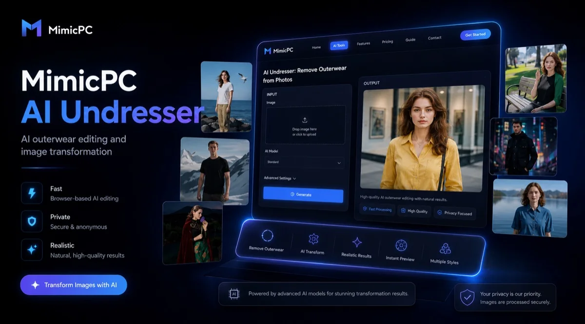 MimicPC AI Undresser upload panel with an AI model selector and outerwear-removal output beside it