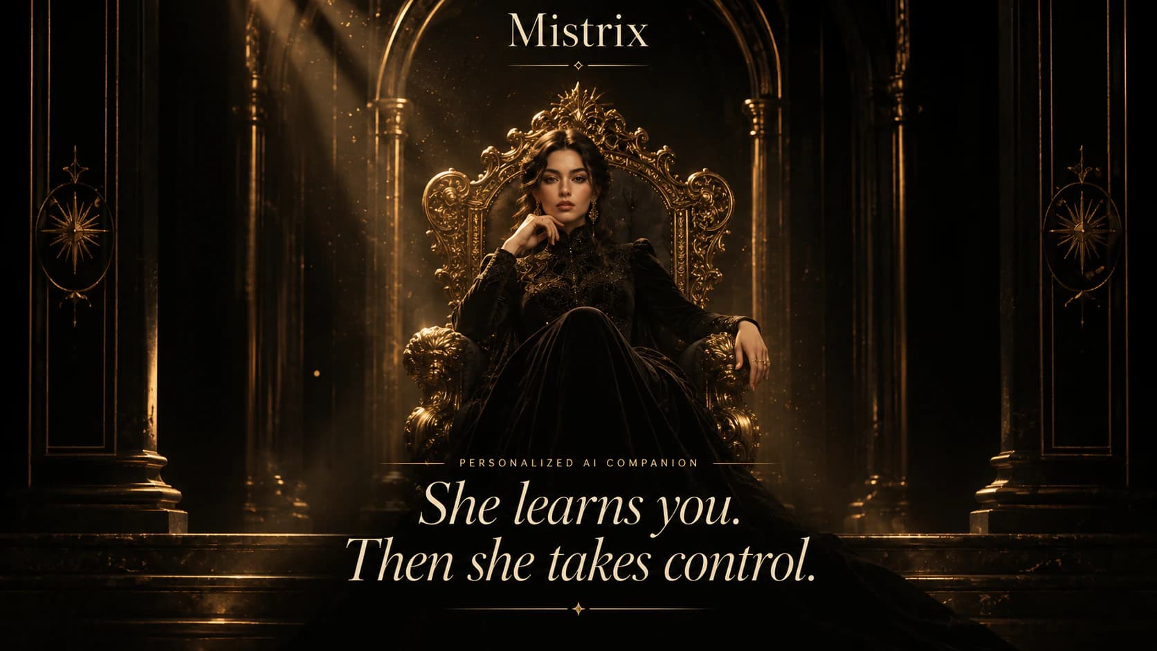 Imagen promocional de Mistrix.ai con una Domina de pelo oscuro sentada en un trono ornamentado bajo el nombre Mistrix
