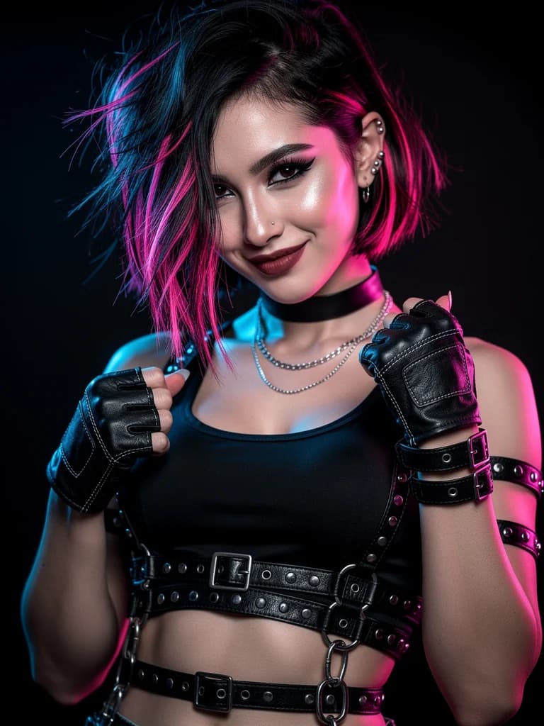 Personagem adulta de cabelos pretos com roupa escura sob luzes rosa e azul