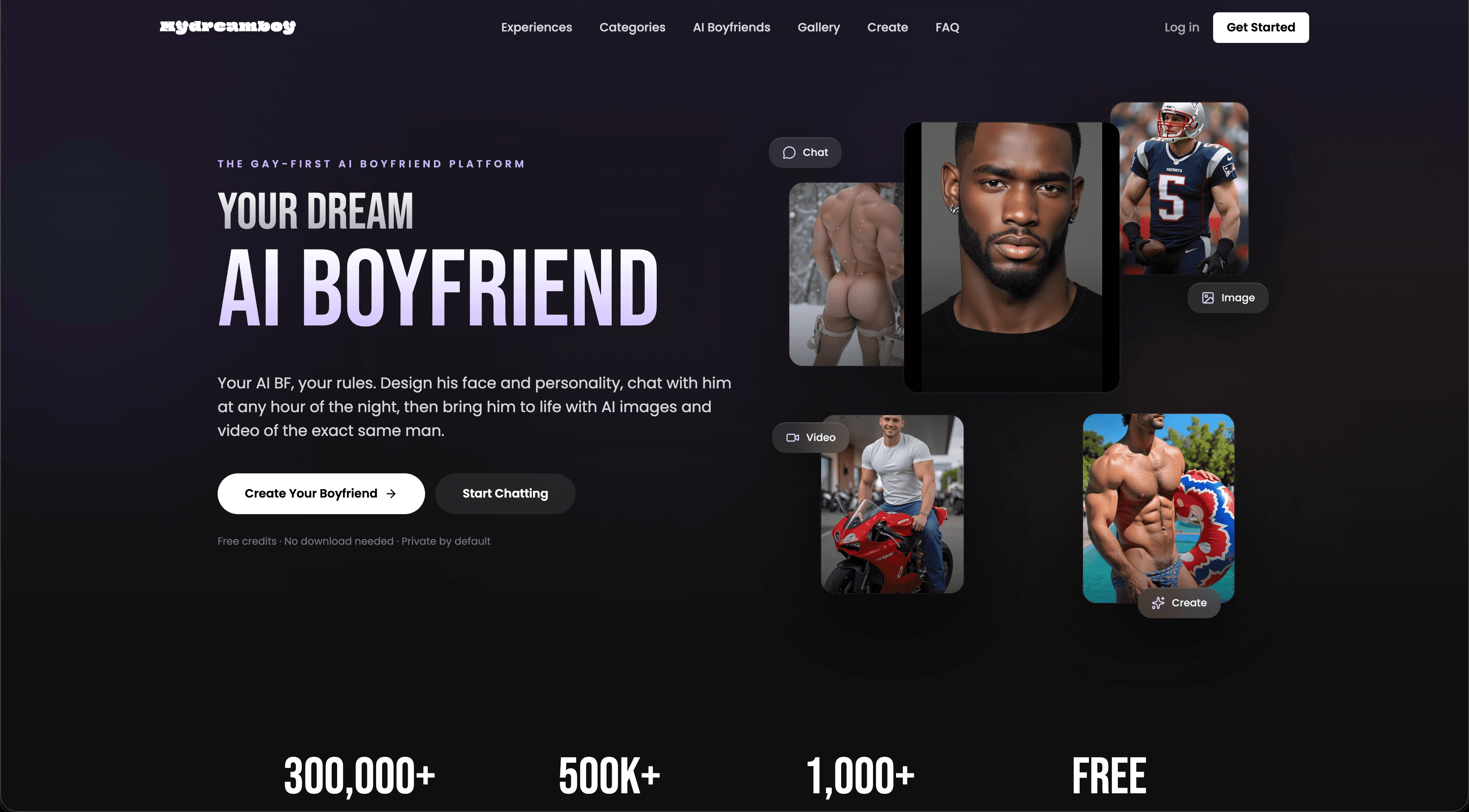 The MyDreamBoy home screen, headed the gay-first AI boyfriend platform, with chat, image and video panels