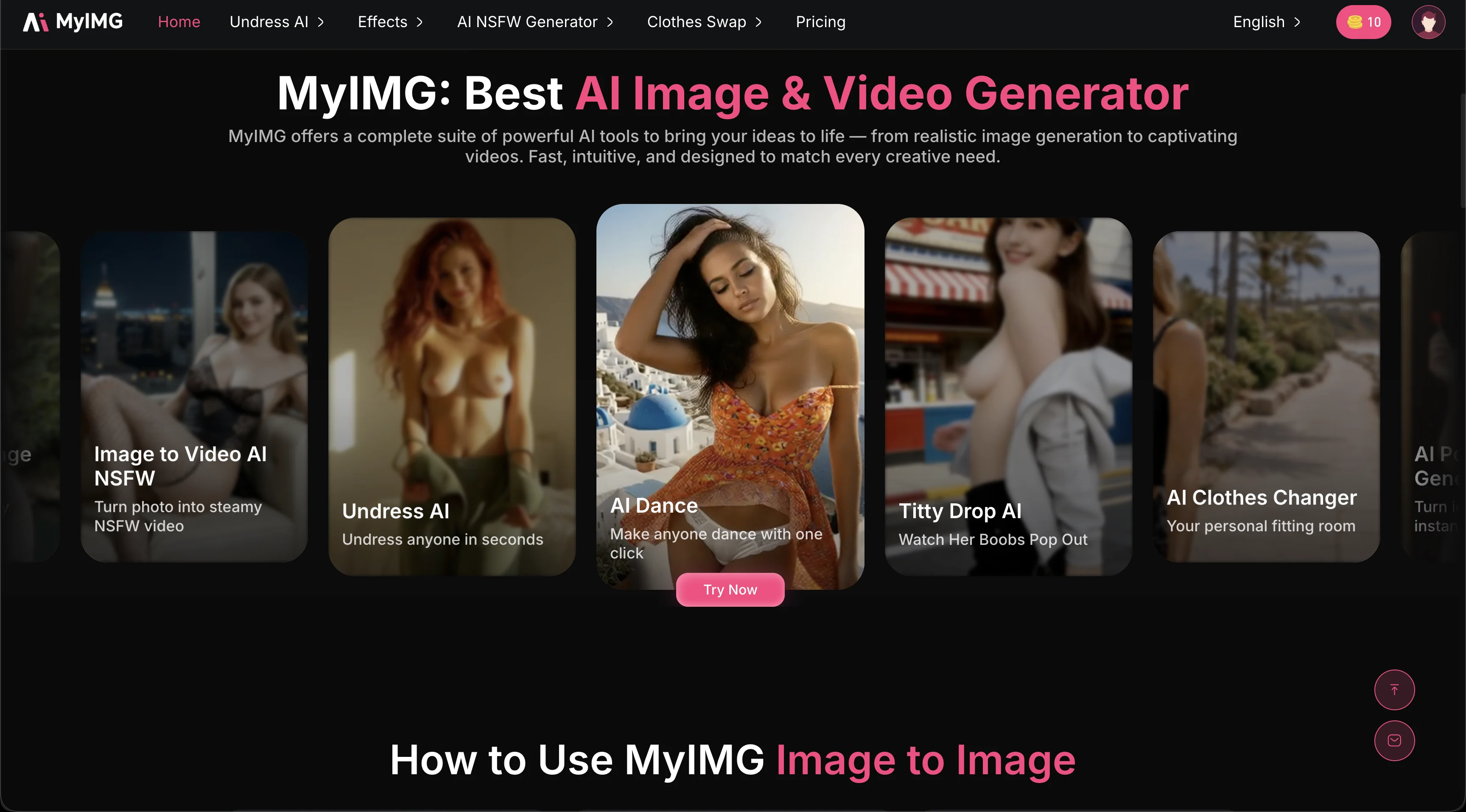MyIMG AI homepage showing Image-to-Video, Undress AI, AI Dance, Titty Drop AI, and Clothes Changer tool tiles