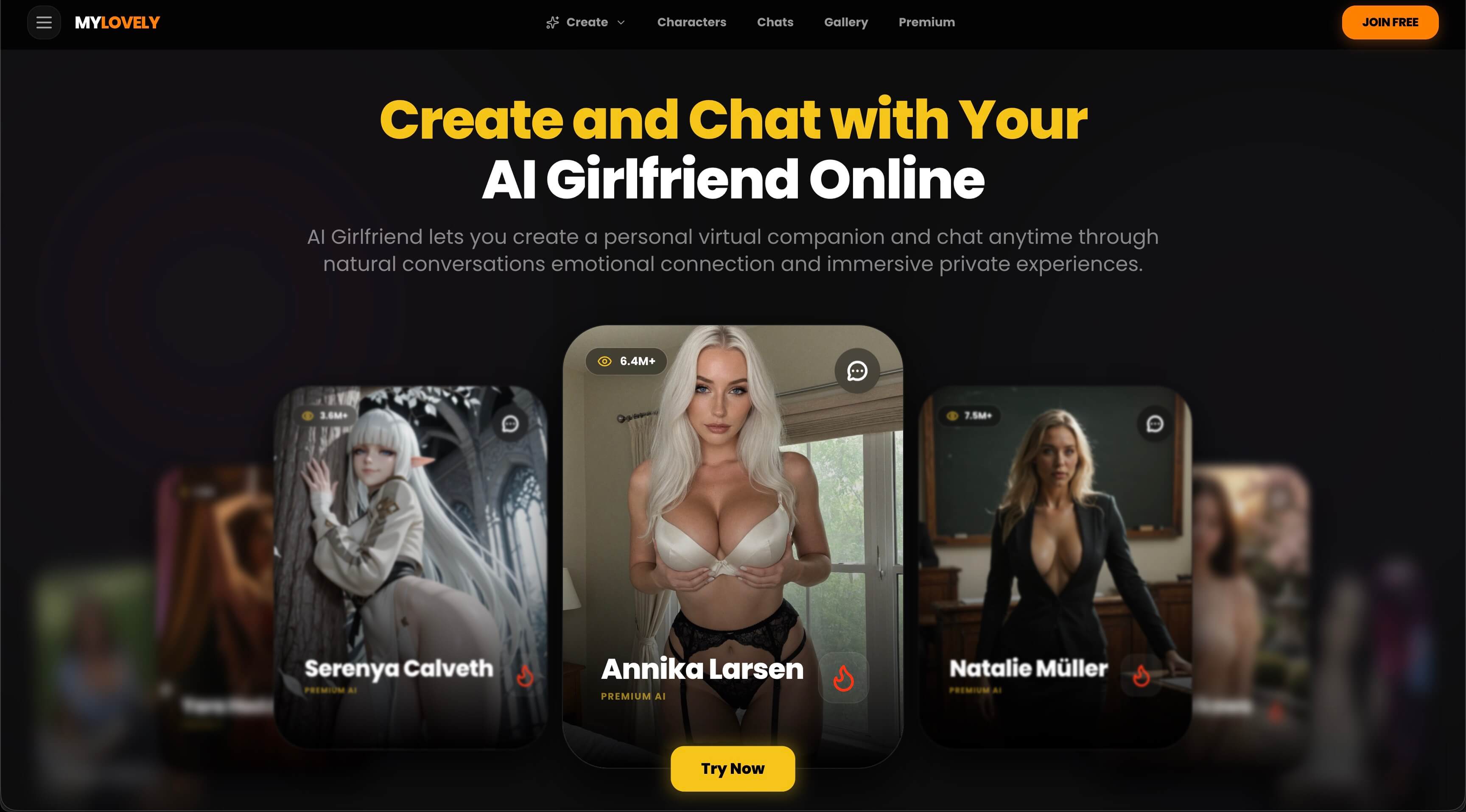 MyLovely AI character gallery with mature companions and image and video generation options