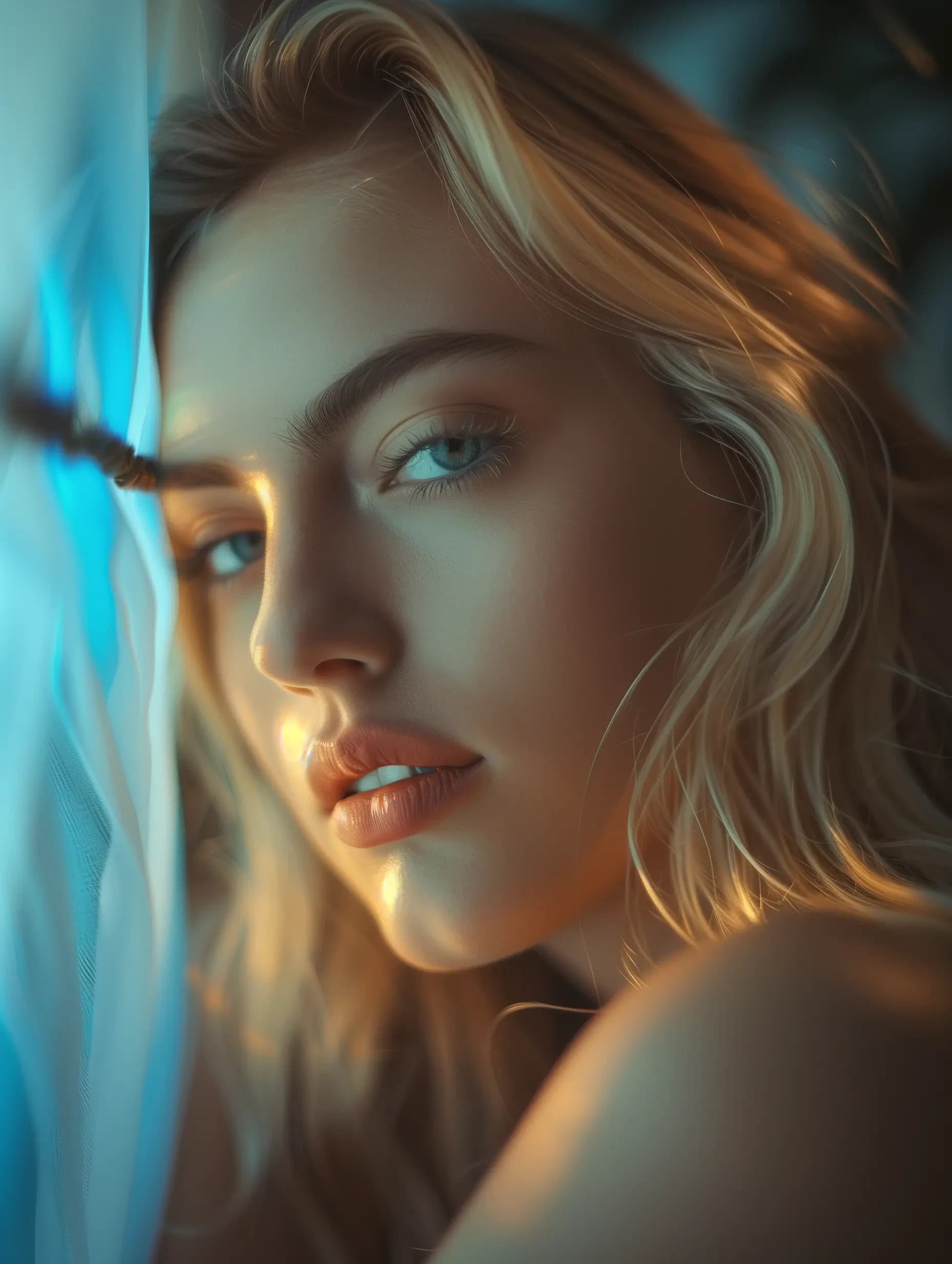 Retrato fotorrealista ficticio de una compañera de Nastia AI con luz naranja y azul
