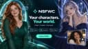 NSFWC AI character artwork with a realistic red-haired character, an illustrated silver-haired character, and chat, group chat, and video labels