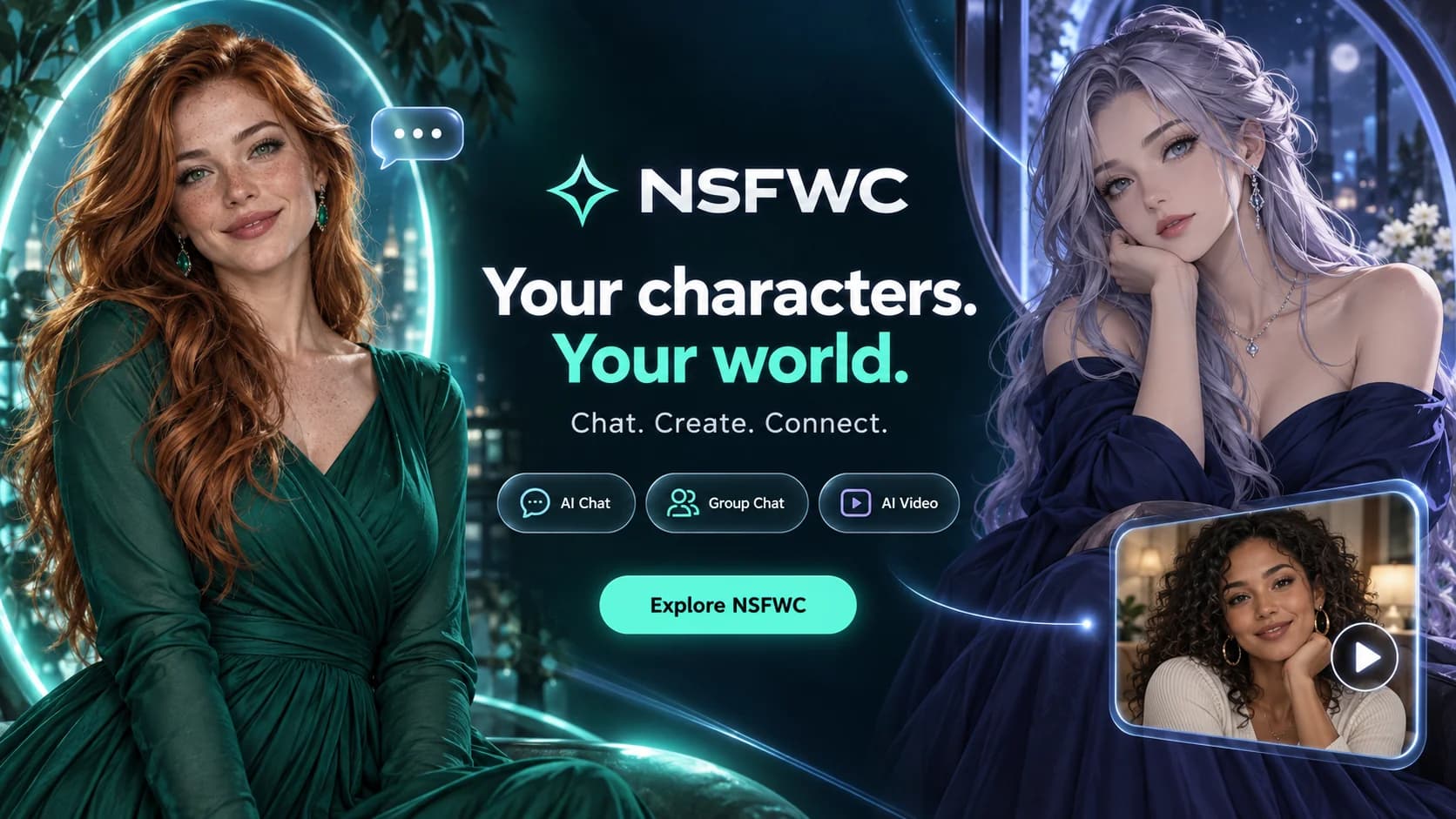 NSFWC AI character artwork with a realistic red-haired character, an illustrated silver-haired character, and chat, group chat, and video labels