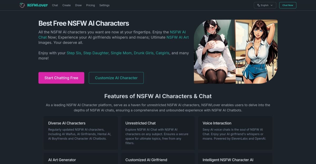 Plataforma de chat de companhia adulta com IA NSFWLover focada em privacidade, com geração de voz e imagens