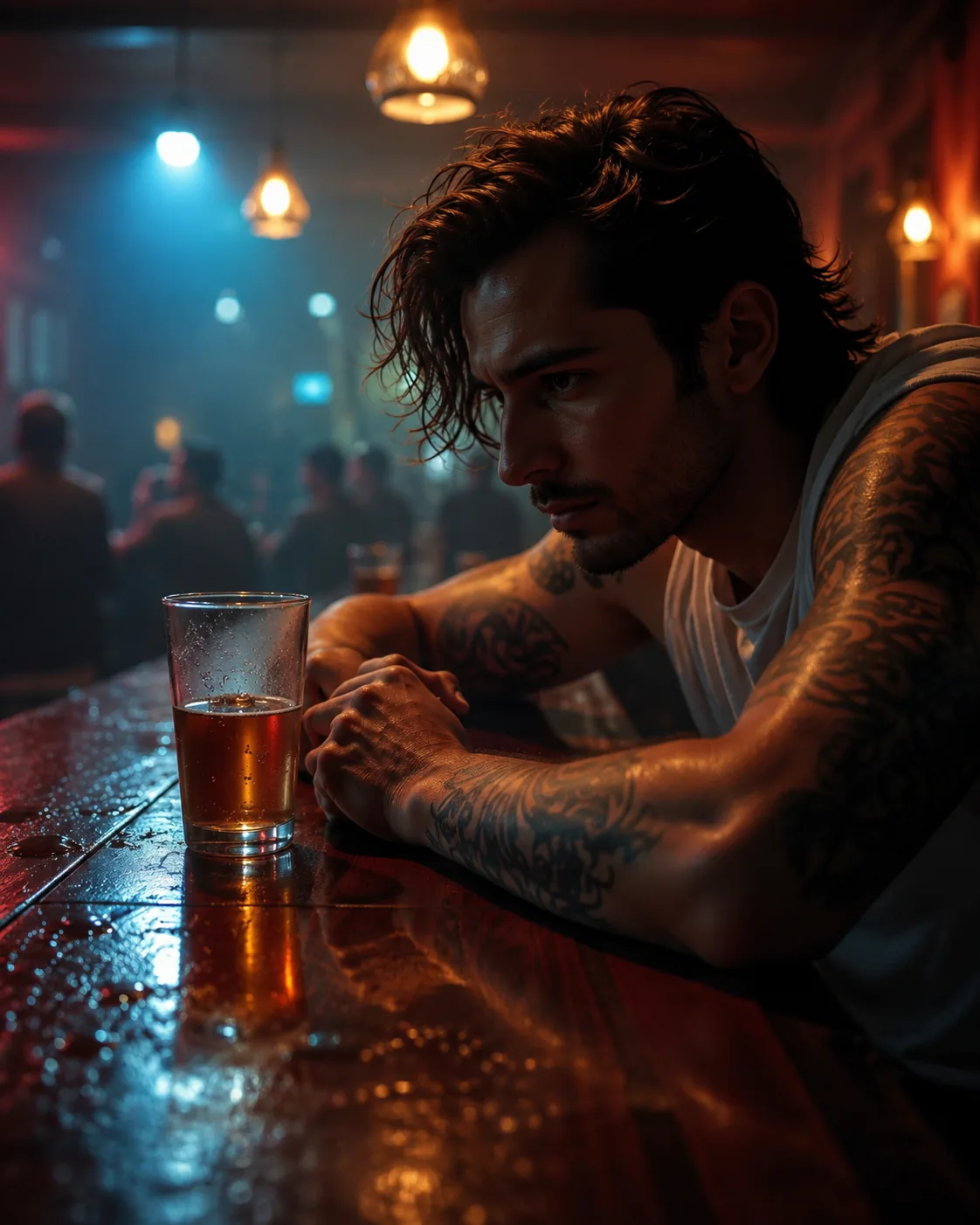 Tattooed dark-haired man leaning over a drink in a dimly lit NSFWStory bar scene