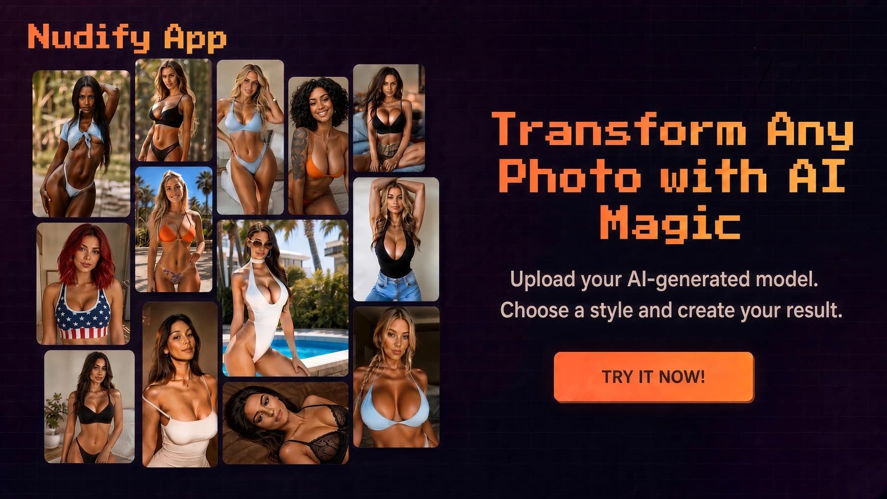 Nudify App graphic with a collage of adult-model portraits and the text Transform Any Photo with AI Magic