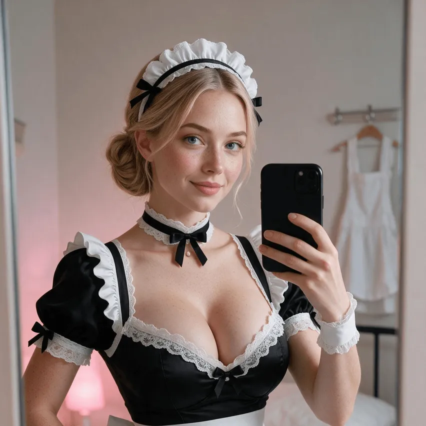 OhChat photorealistic generated companion taking a mirror selfie in a black and white maid outfit