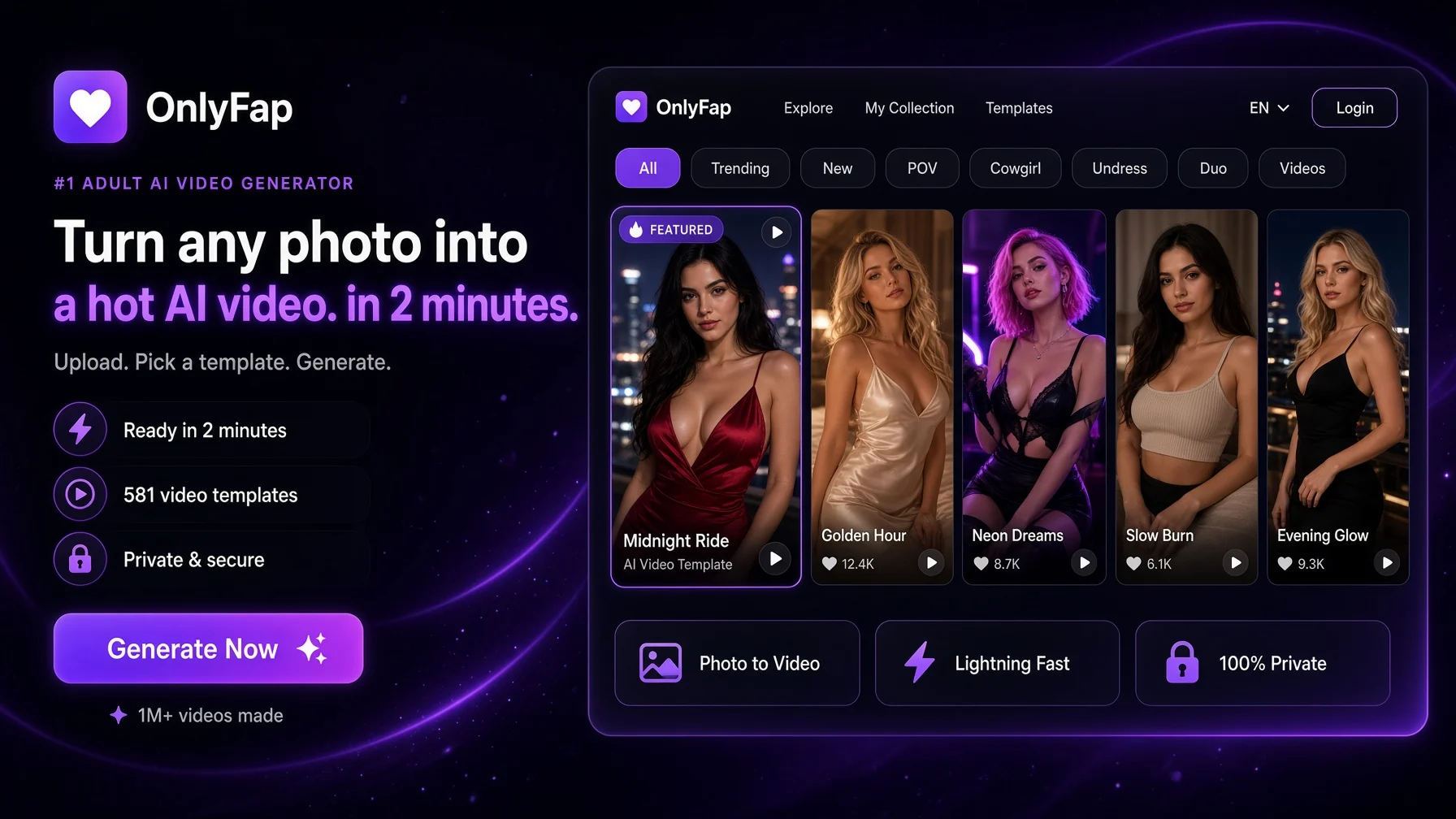 OnlyFap.ai branded video-template catalog with a Generate Now button and sample scene cards