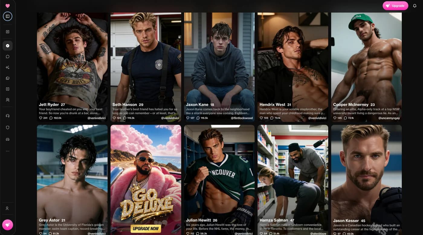 OurDream AI male companion catalogue with community scenario cards, ages, creator names and view counts