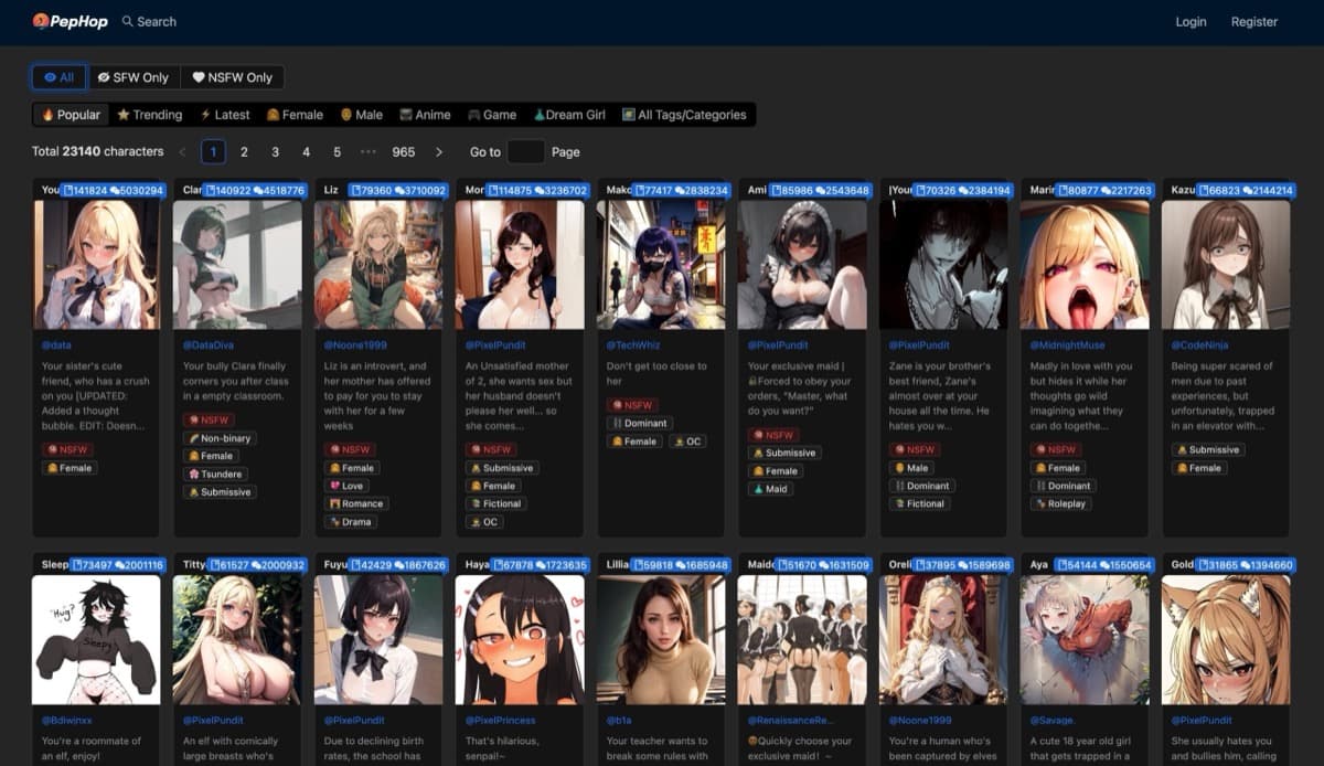 Plataforma de roleplay NSFW da PepHop AI com milhares de personagens e alternância entre SFW e NSFW