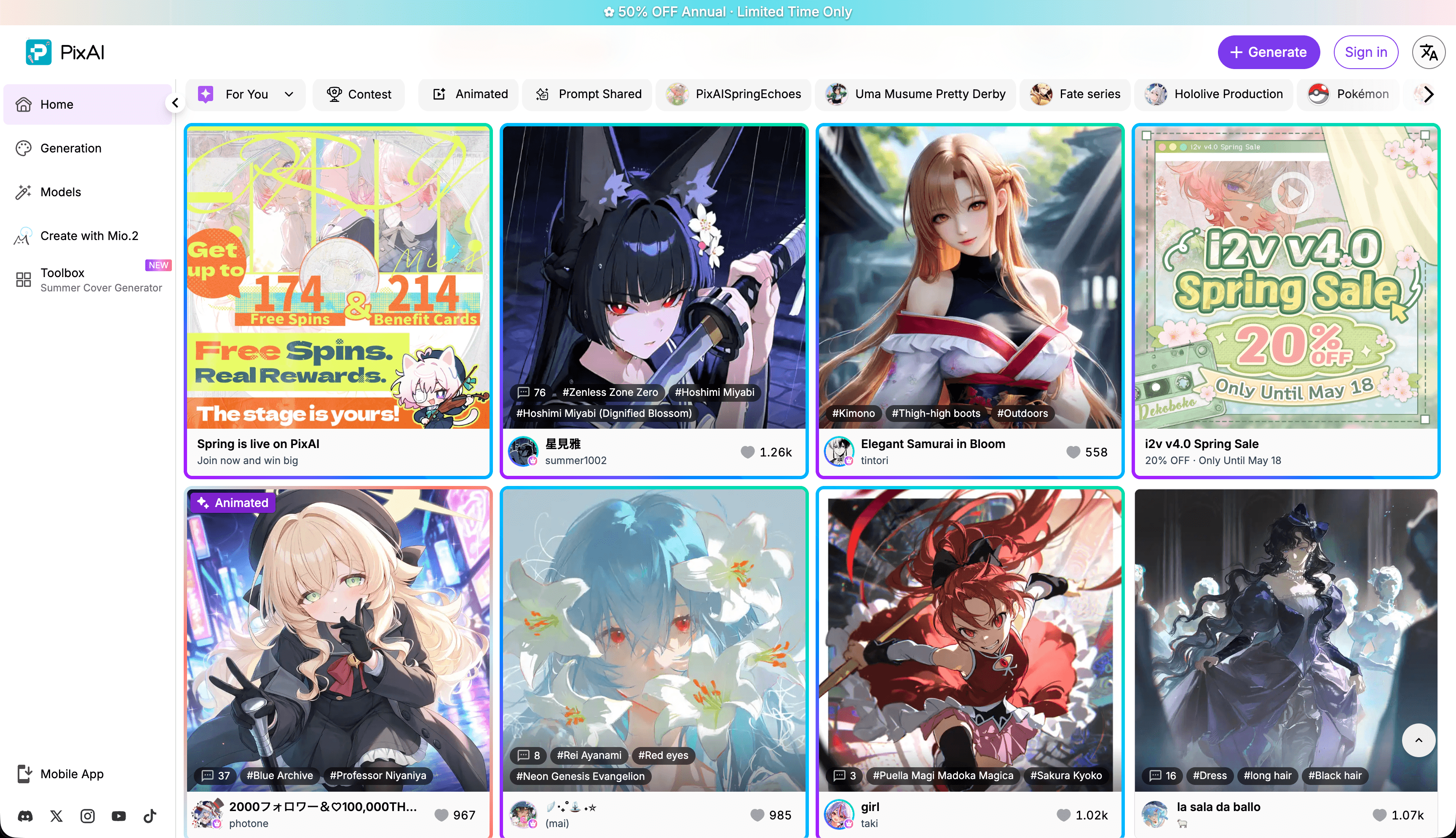 PixAI.Art community gallery with animal-ear anime characters and LoRA model tags
