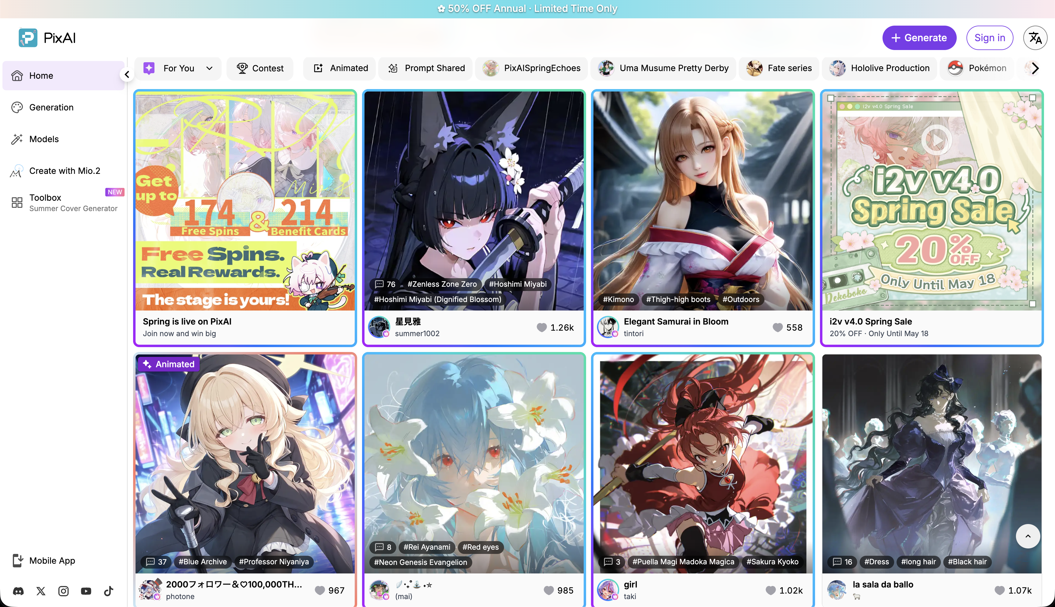 Galeria da comunidade do PixAI.Art com personagens de anime com orelhas animais e tags de modelos LoRA