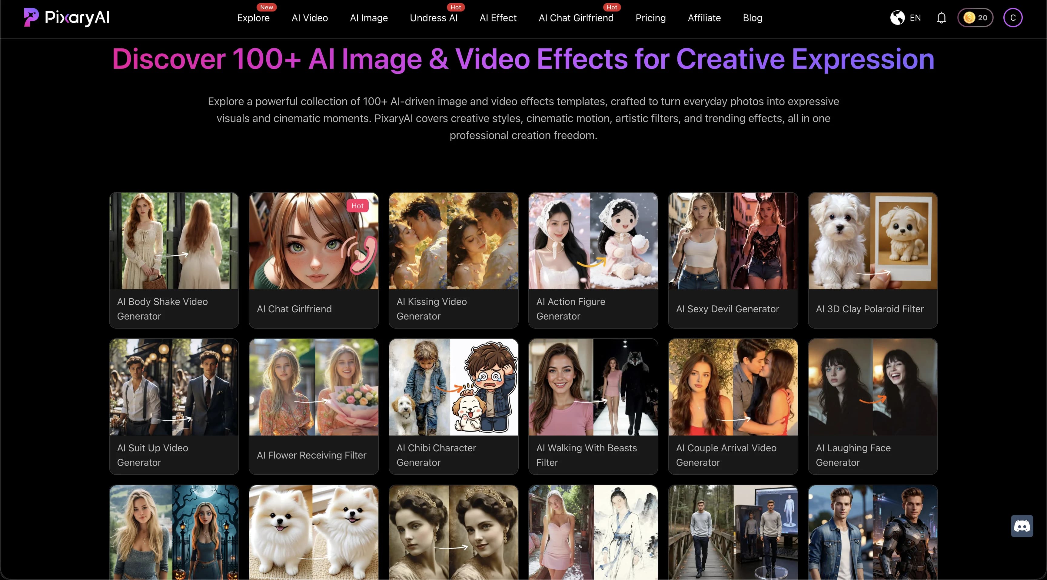 PixaryAI homepage showing a gallery of more than 100 AI image and video effects across realistic, anime, and stylized categories