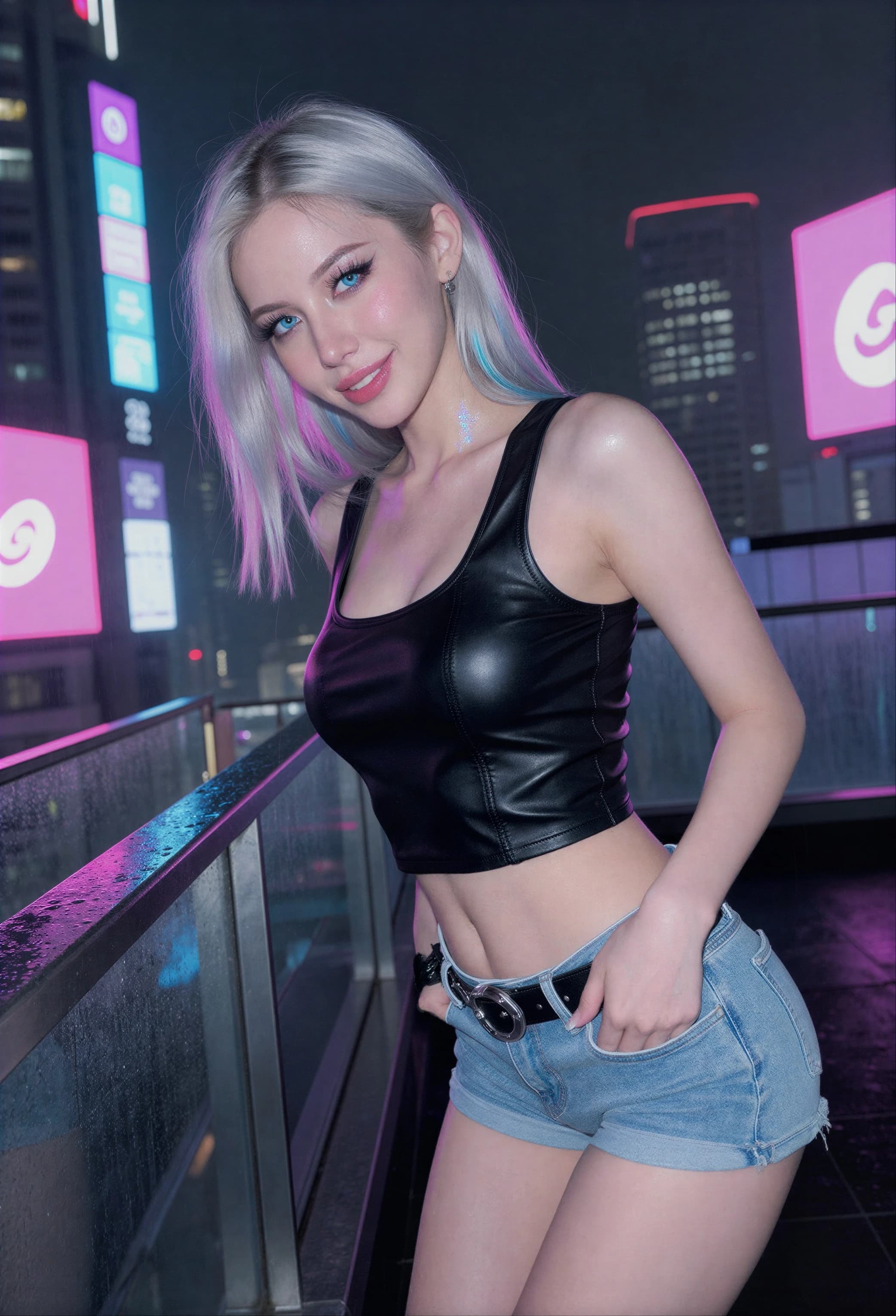 Silver-haired companion character in a neon interior