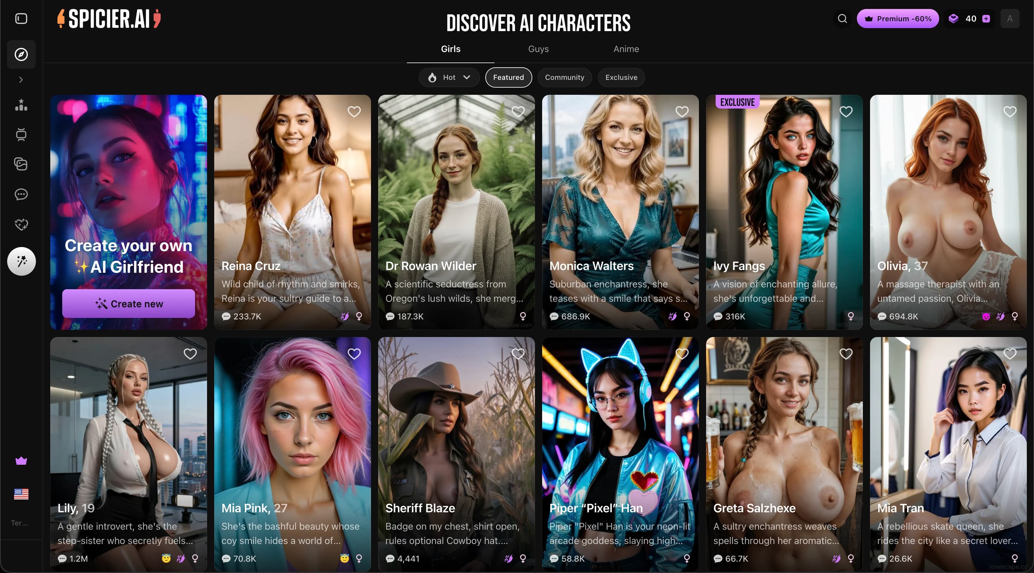 Spicier AI character discovery screen showing realistic AI companions, Girls and Anime category tabs, and the custom character creator