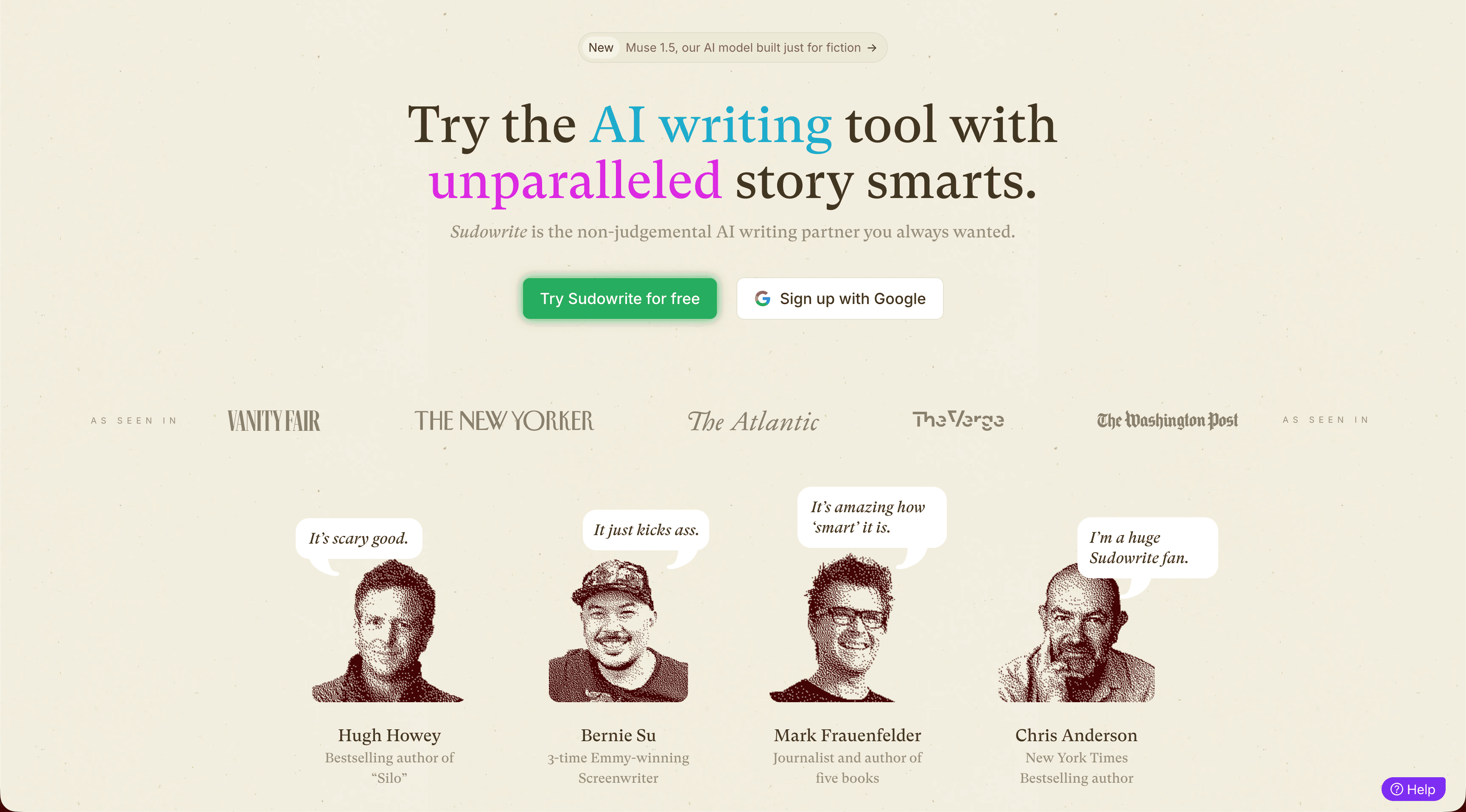 Editor de manuscritos do Sudowrite com o painel Story Bible, onde personagens, esboço e estilo persistem em todos os capítulos