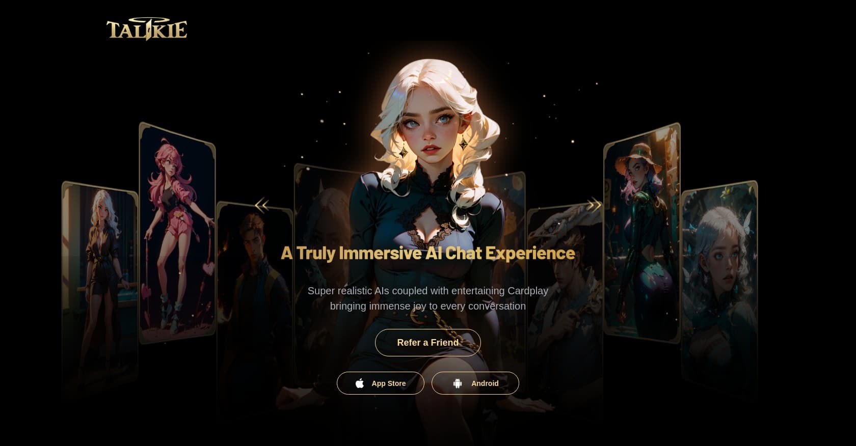 Talkie homepage hero showing an anime character gallery and App Store and Android download buttons