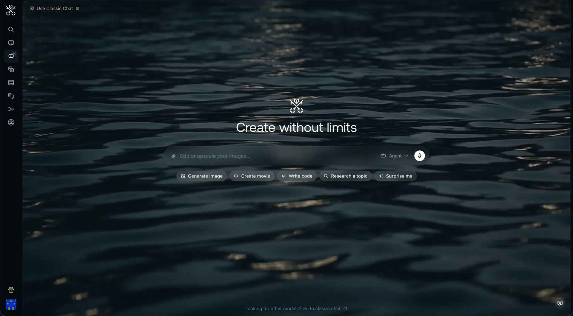 Pantalla de inicio de Venice AI con el titular Create without limits y accesos directos para generar imágenes, películas, código e investigación