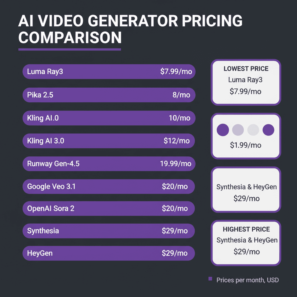 Pricing comparison infographic for Best AI Video Generators 2026: Complete Guide & Comparison