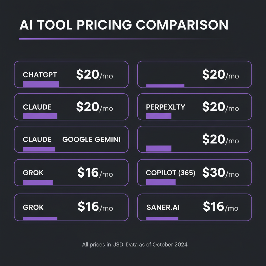 Pricing comparison infographic for Best AI Assistant Tools 2026: ChatGPT, Claude, Perplexity, Merlin, Gemini Compared