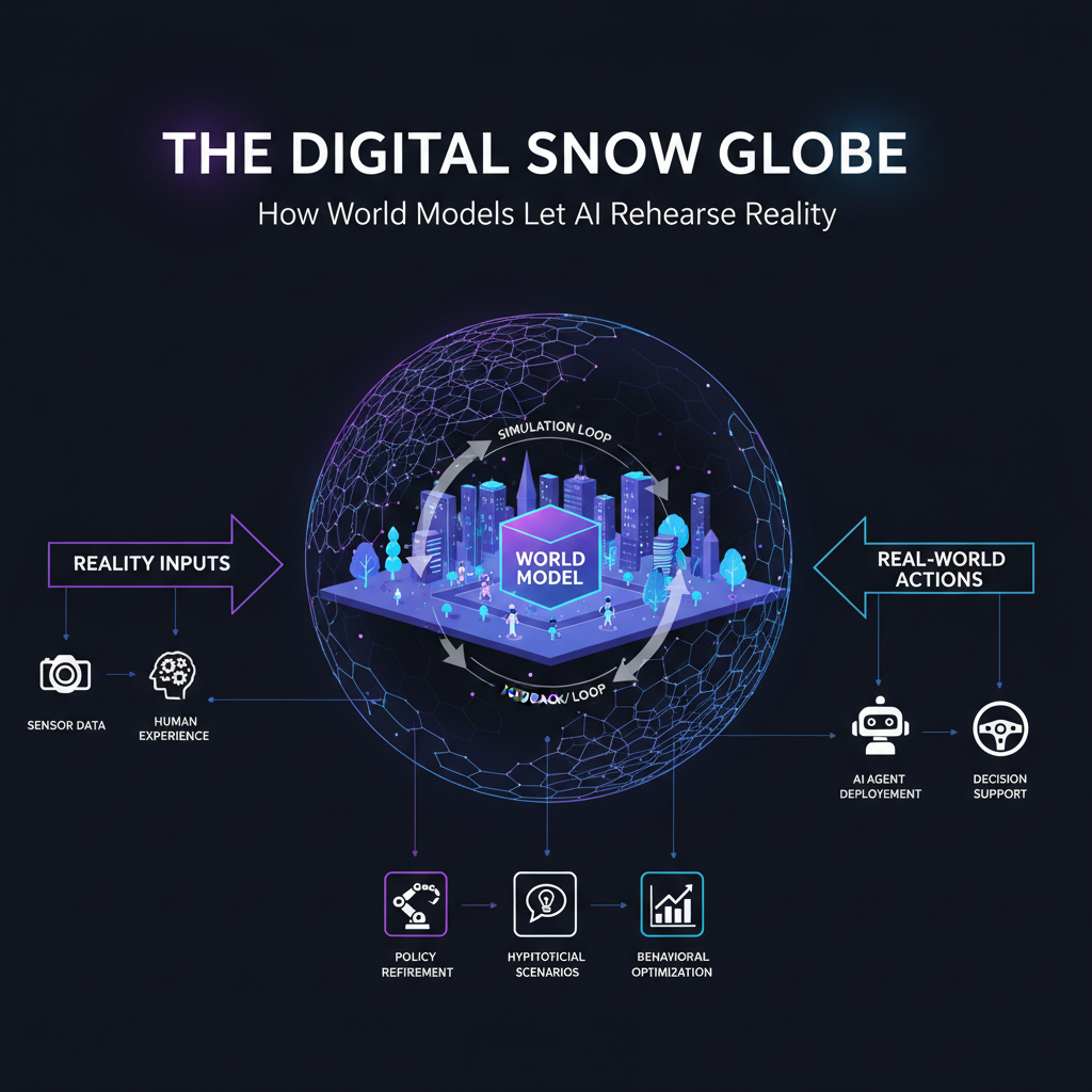 Concept diagram for The Digital Snow Globe: How World Models Let AI Rehearse Reality