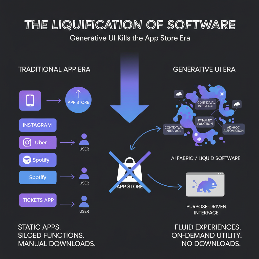 Concept diagram for The Liquification of Software: How Generative UI Kills the App Store Era
