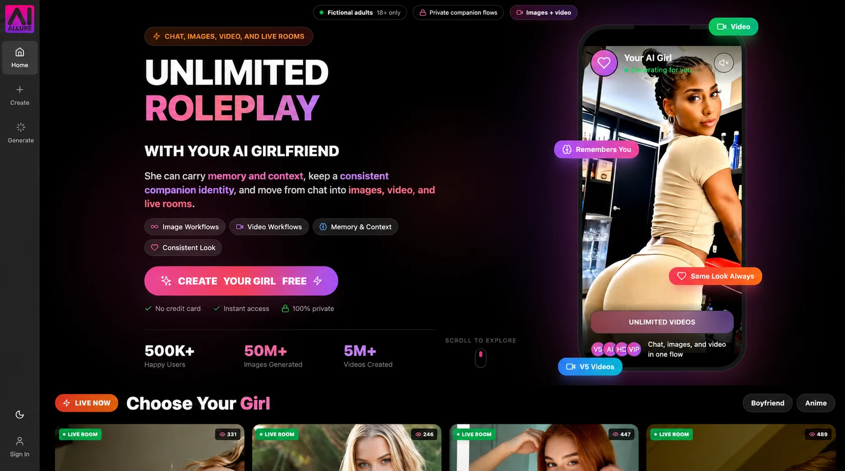 AI Allure homepage showing fictional AI girlfriend chat images video live rooms and memory