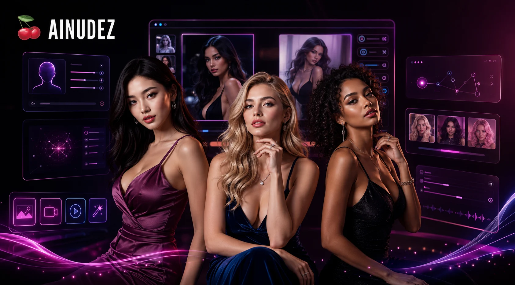 Mockup SFW em destaque do AINUDEZ com três mulheres vestidas ao lado de uma interface roxa de criação